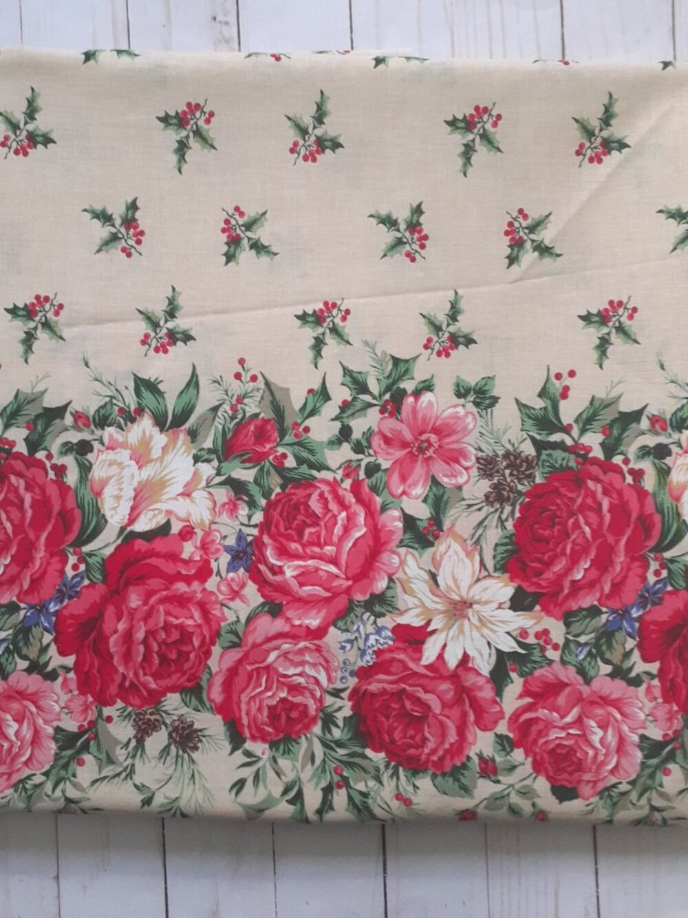 VIP Cranston Holly Floral Border Print Cotton Fabric Beige Pink 72" W 3yds